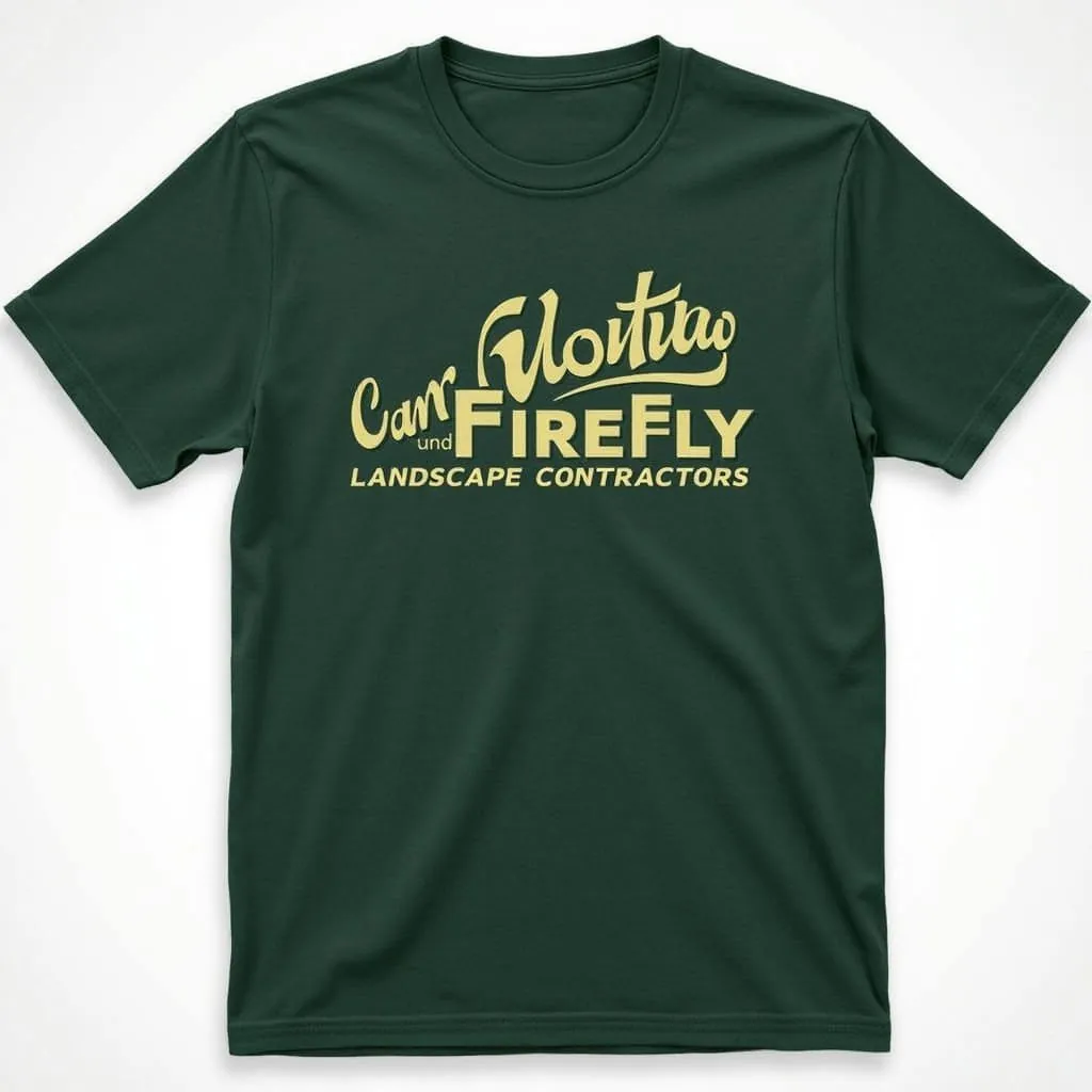 Dark green t-shirt with a light yellow Firefly Landscape Contractors logo print.